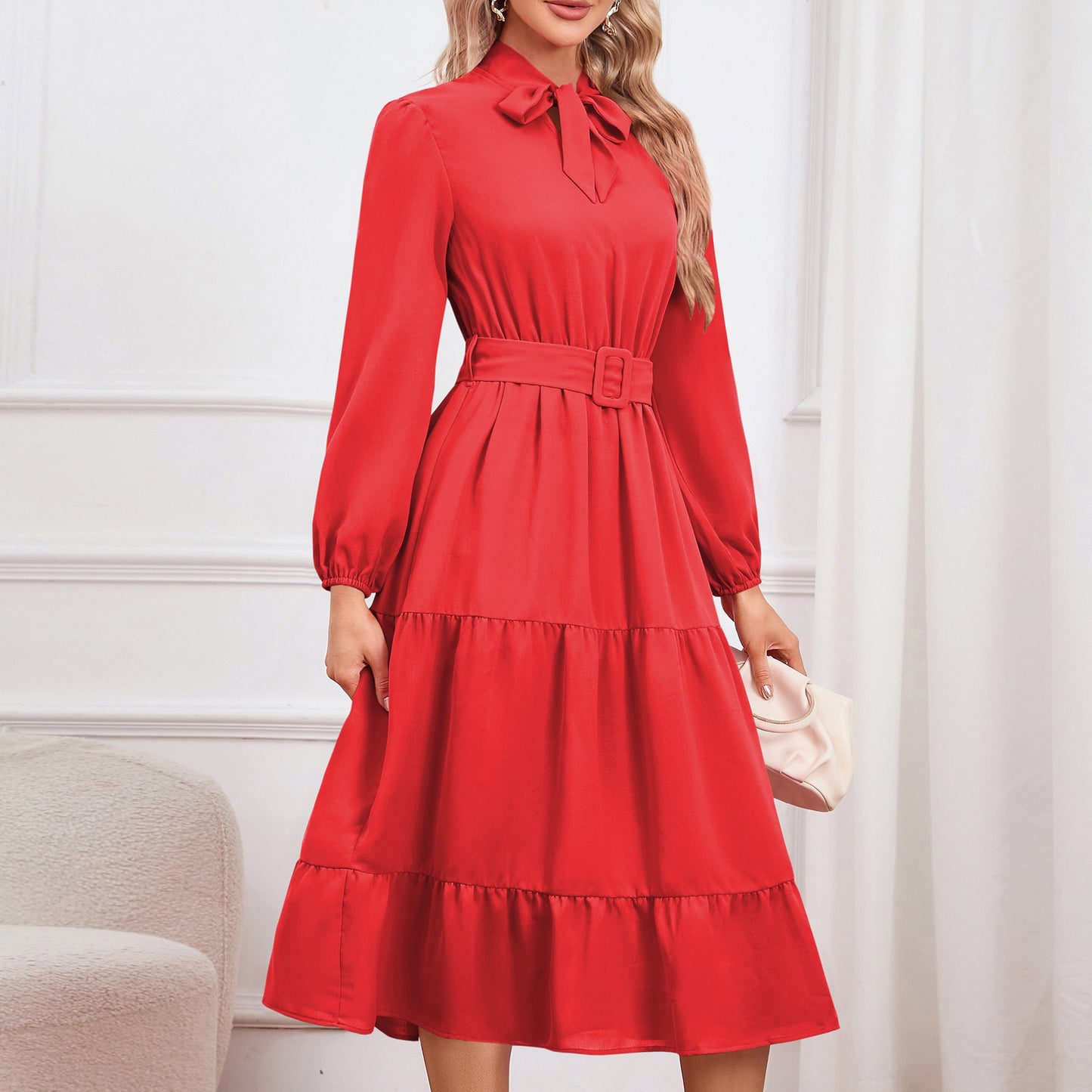 Elegant and slim fitting, tie collar A-line dress