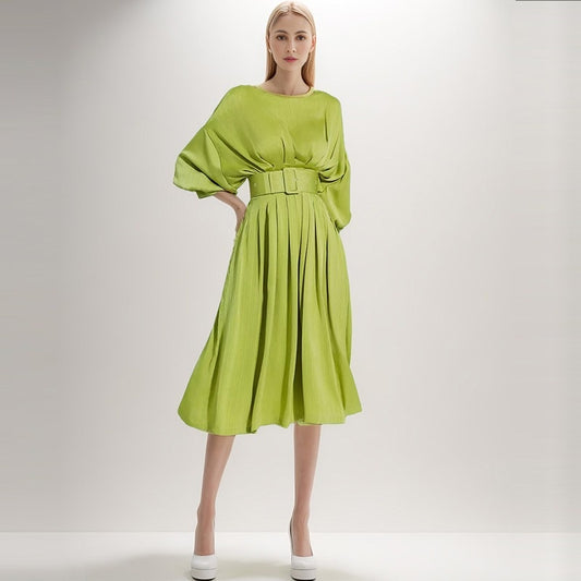 elegant satin belted waist pleated seven dress