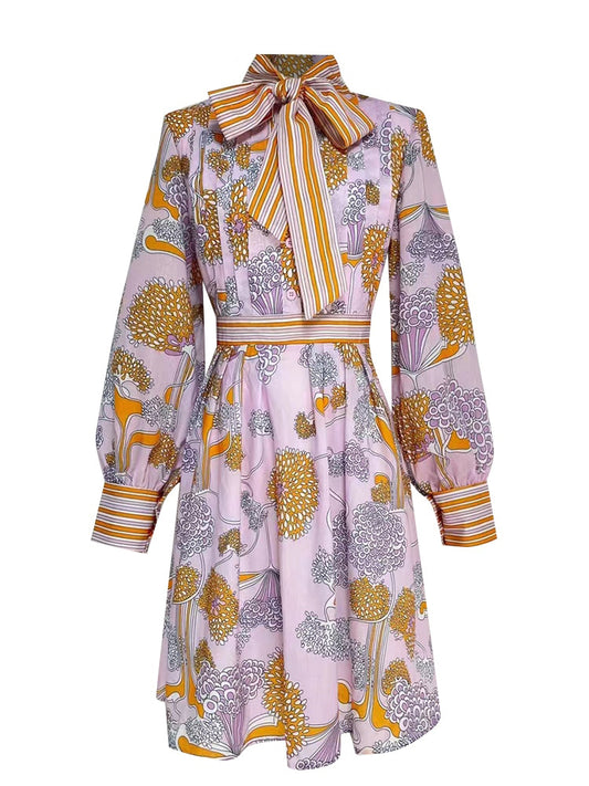 Vintage Print  Bowknot Collar Long Sleeve High Waist  Midi Dress