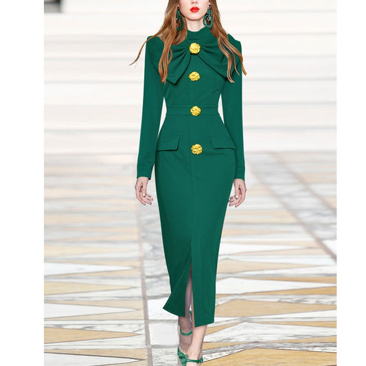 Elegant bow tie decorative button dress