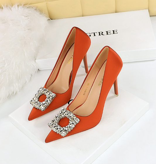 Pointed toe satin rhinestone buckle