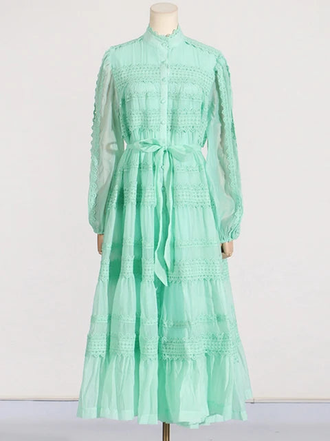 Embroidery mock neck Short Sleeve High Waist dress