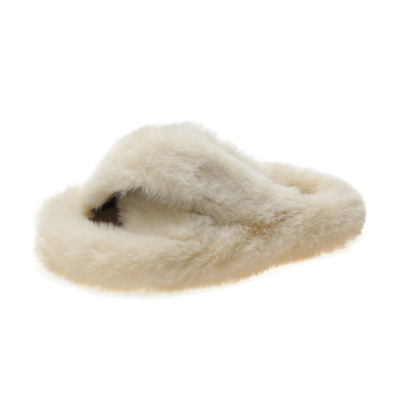 Plus Size New Style Of Autumn And Winter Korean Style All-Match Outer Wear Flat Bottom Fashionable Hairy Women's Slippers