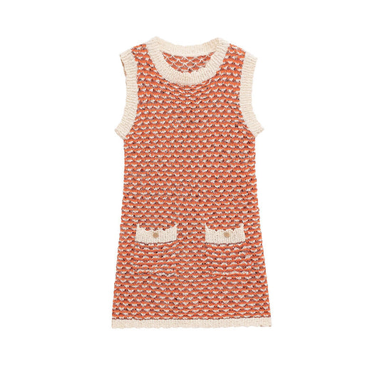 Color blocked pocket vest knitted dress