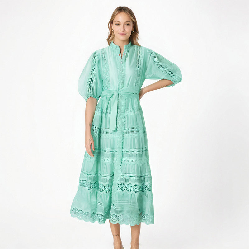 Embroidery mock neck Short Sleeve High Waist dress