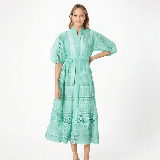 Embroidery mock neck Short Sleeve High Waist dress