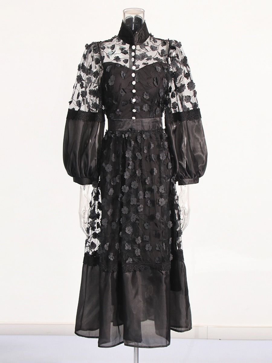 Mock collar lace  puff sleeves dress