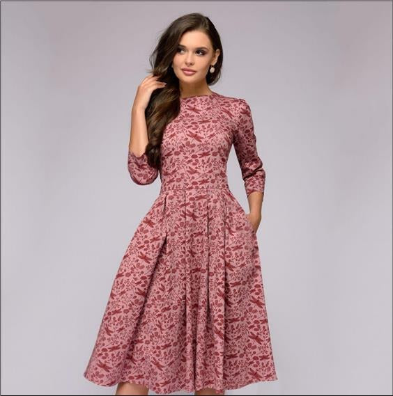 A Line Dress  3/4 Sleeve Round Neck Dress