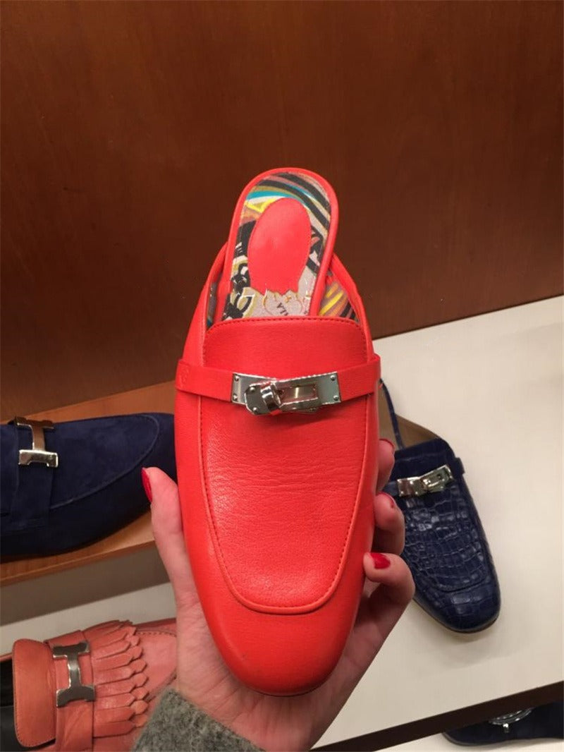 Leather Low Heel Round toe Metal Buckle flats