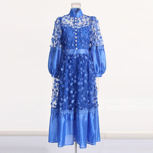 Mock collar lace  puff sleeves dress
