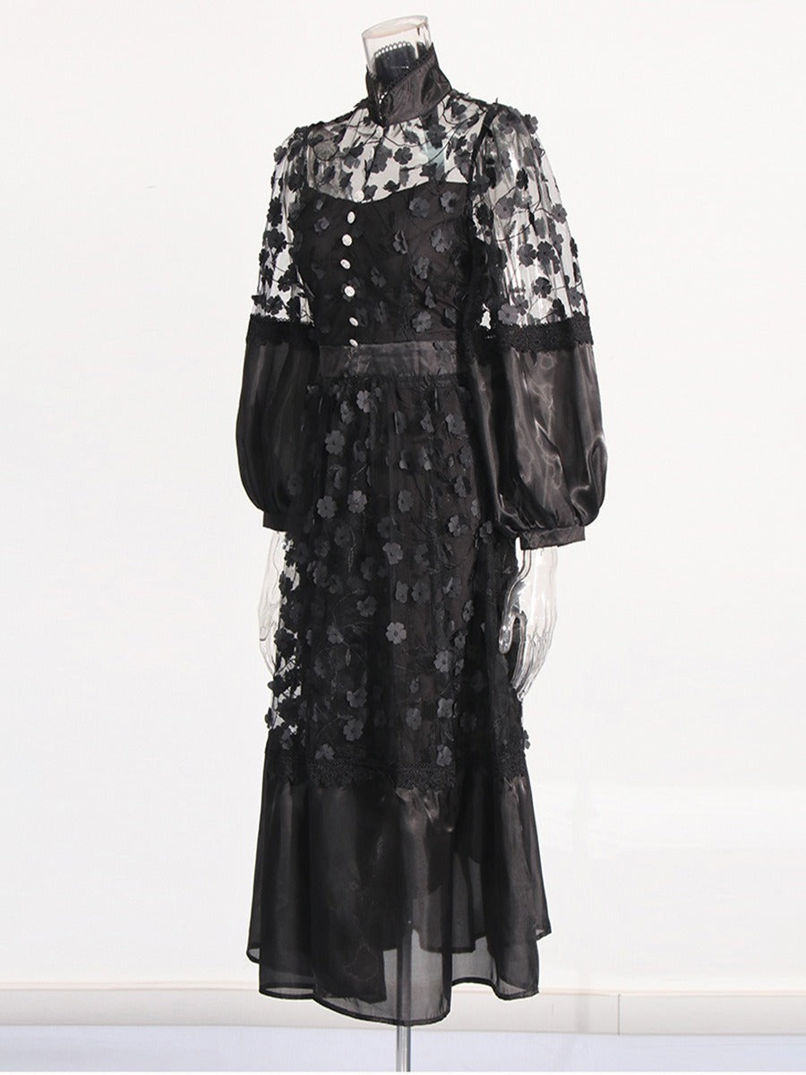 Mock collar lace  puff sleeves dress