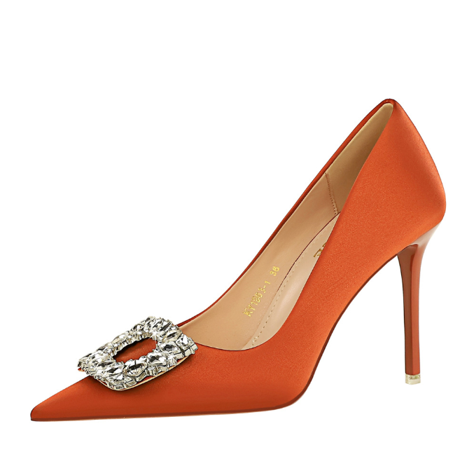 Pointed toe satin rhinestone buckle