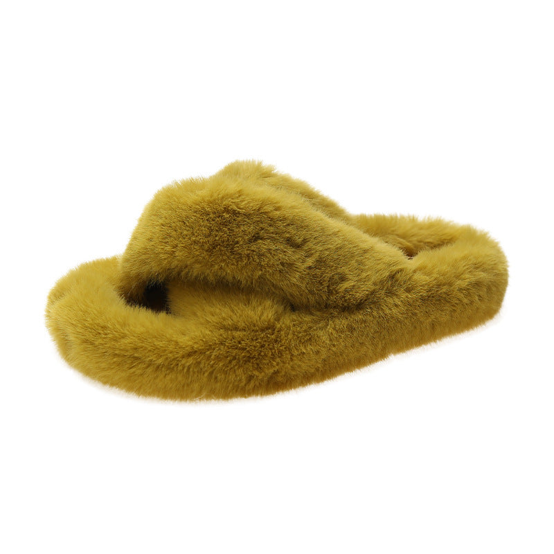 Plus Size New Style Of Autumn And Winter Korean Style All-Match Outer Wear Flat Bottom Fashionable Hairy Women's Slippers