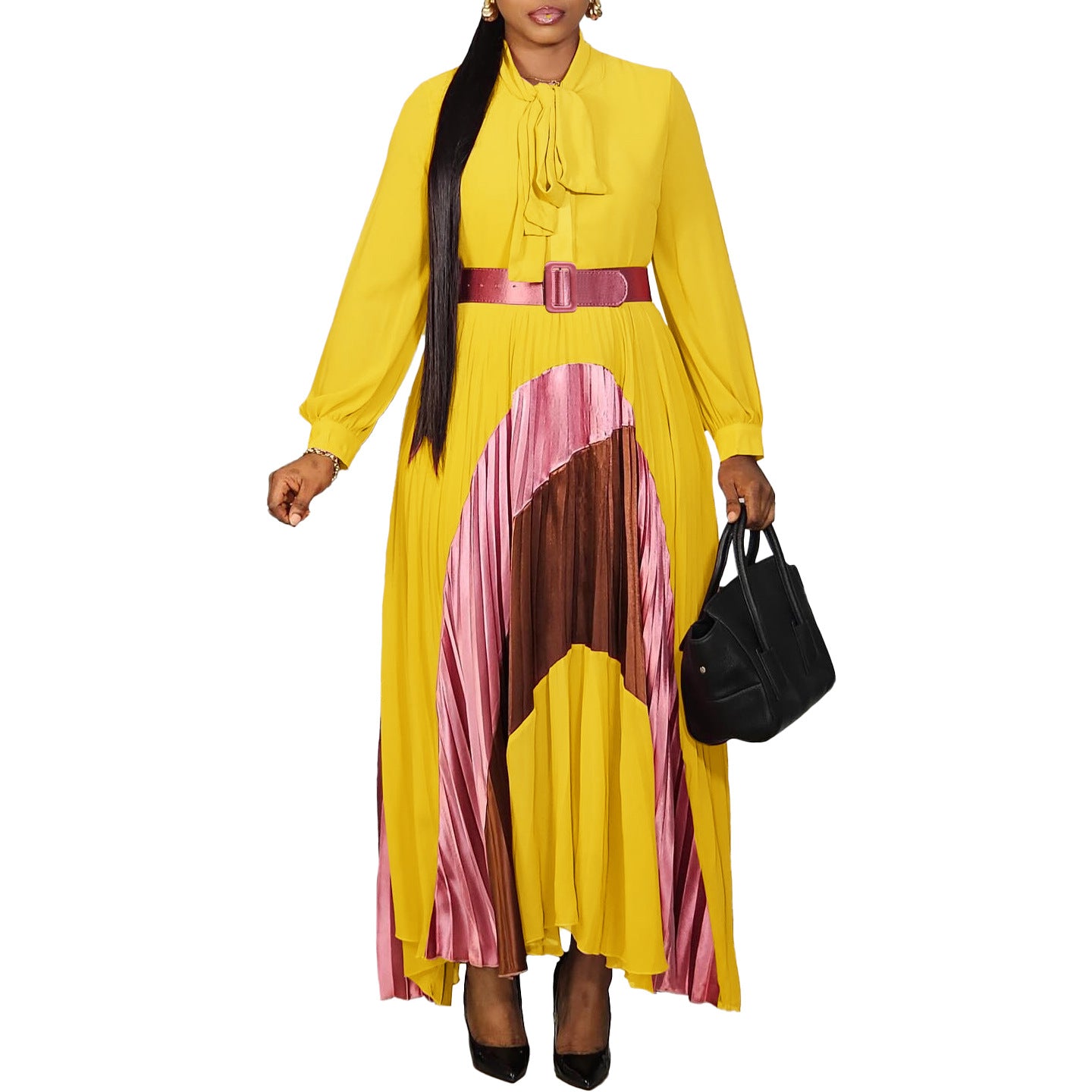 pleated color block belted dress