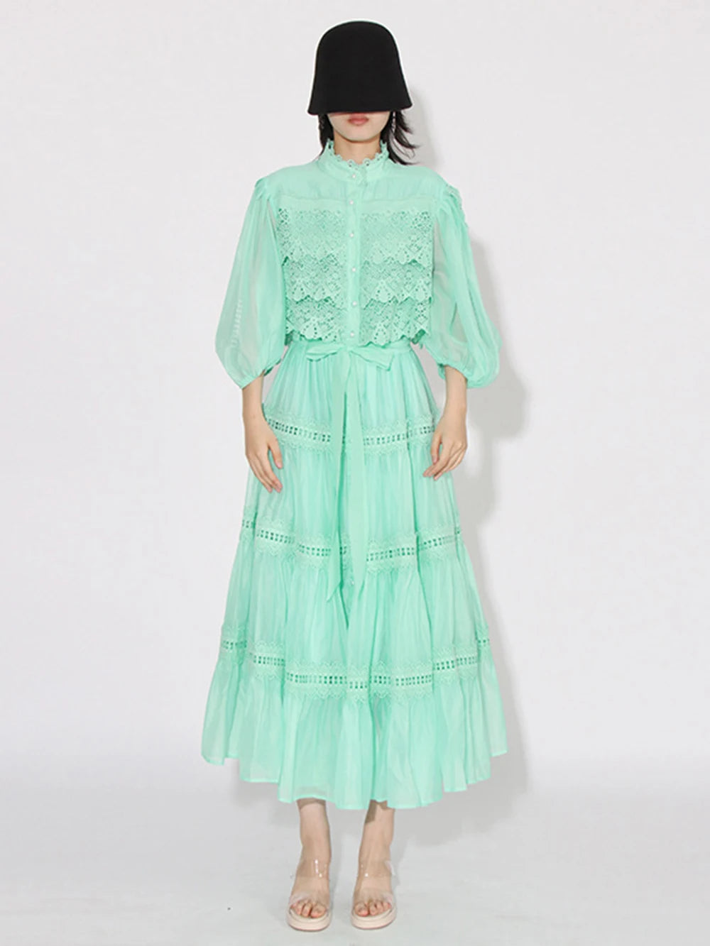 Embroidery mock neck Short Sleeve High Waist dress