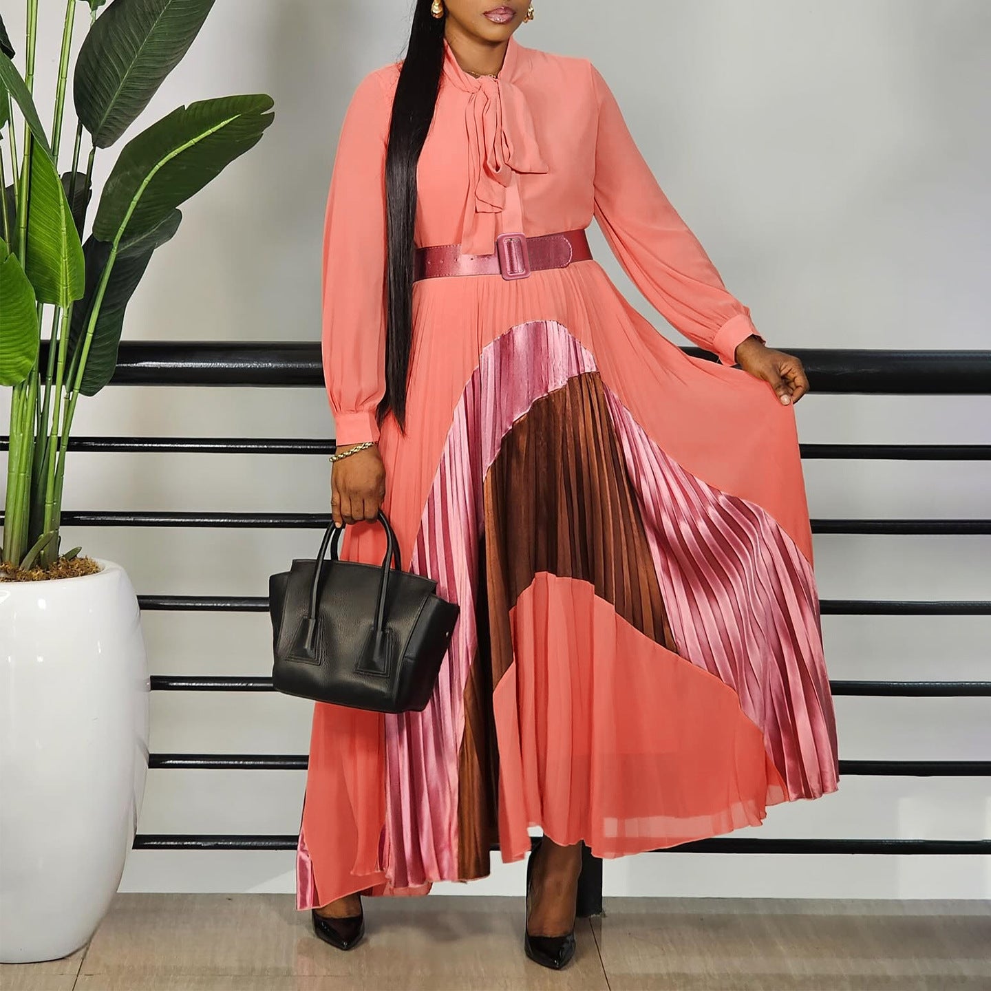 pleated color block belted dress