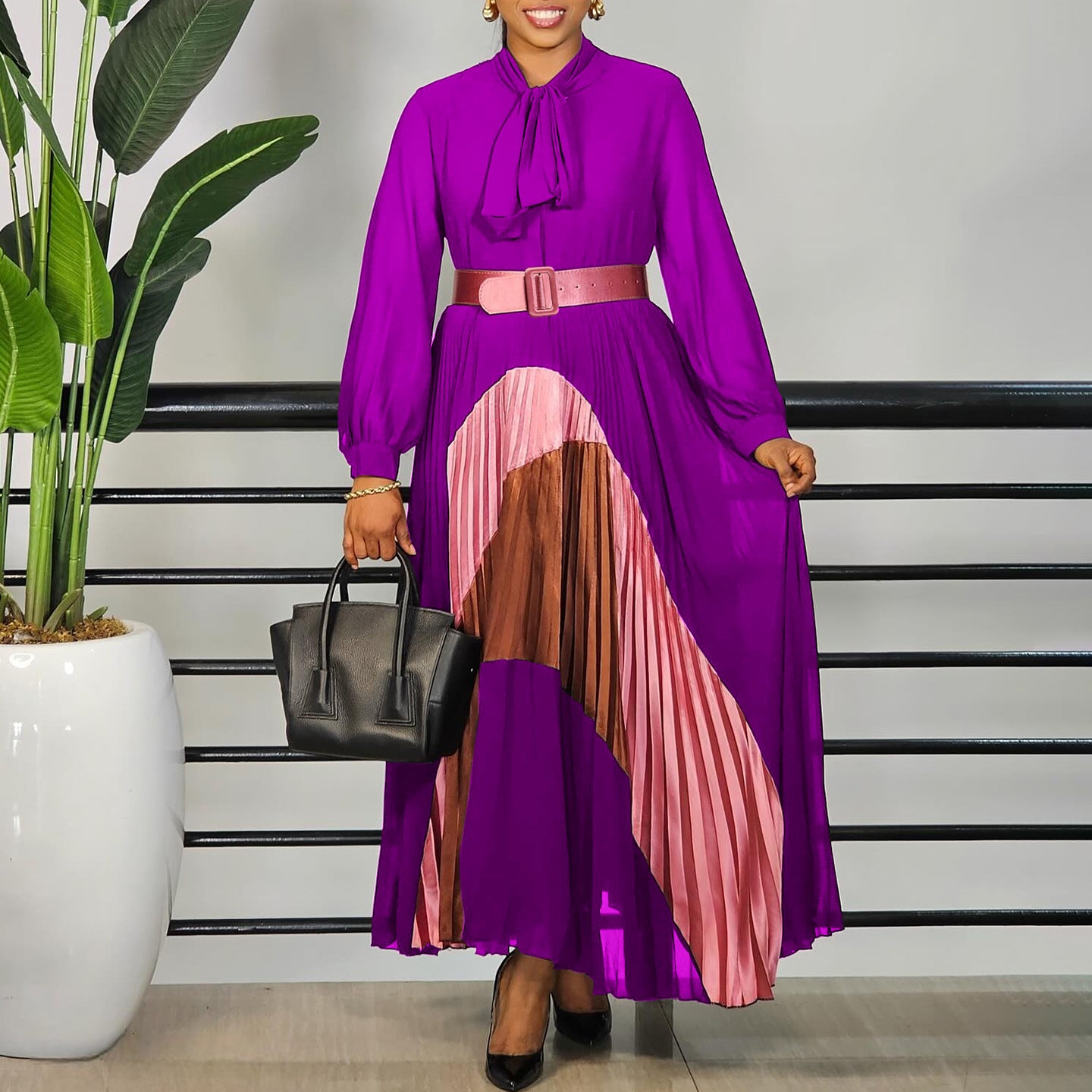 pleated color block belted dress