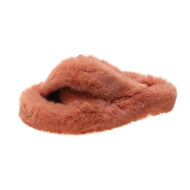 Plus Size New Style Of Autumn And Winter Korean Style All-Match Outer Wear Flat Bottom Fashionable Hairy Women's Slippers