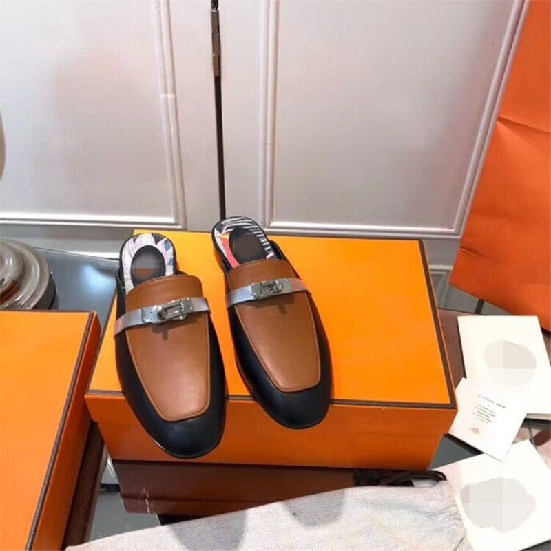 Leather Low Heel Round toe Metal Buckle flats