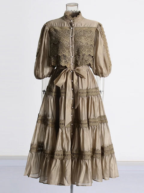 Embroidery mock neck Short Sleeve High Waist dress