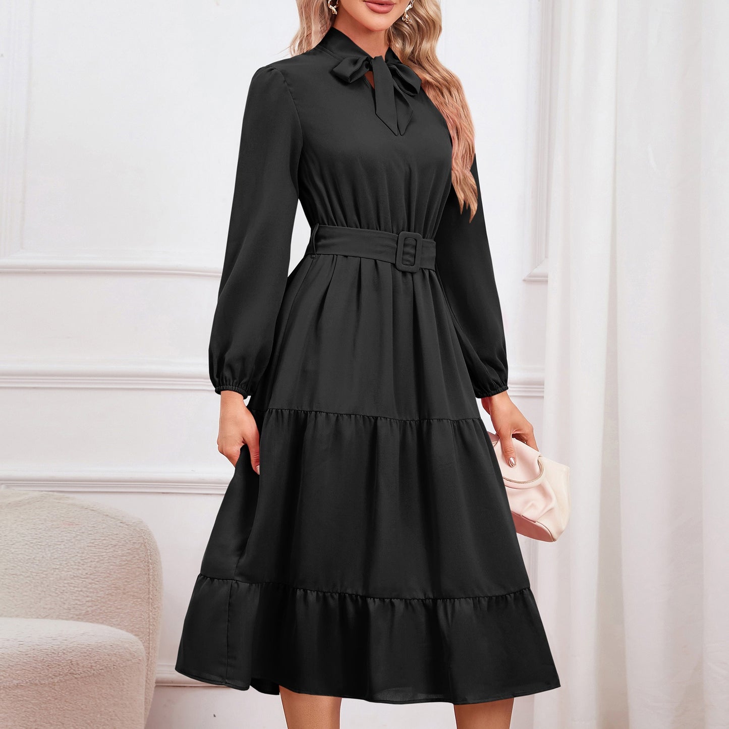 Elegant and slim fitting, tie collar A-line dress
