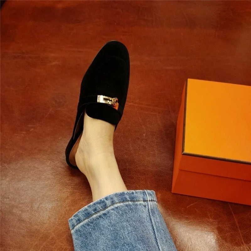 Leather Low Heel Round toe Metal Buckle flats
