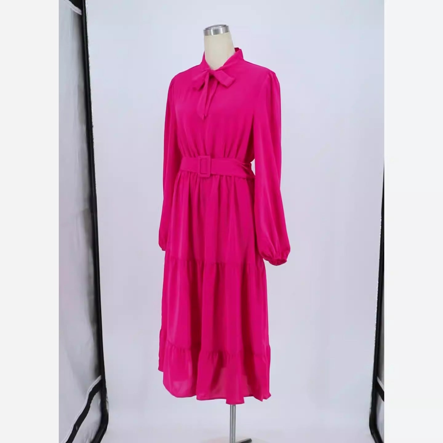 Elegant and slim fitting, tie collar A-line dress