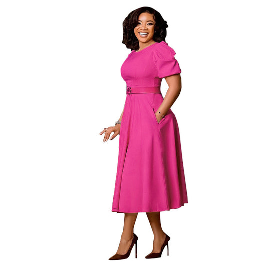 Elegant Belted Waist-Bubble-Sleeve Dress