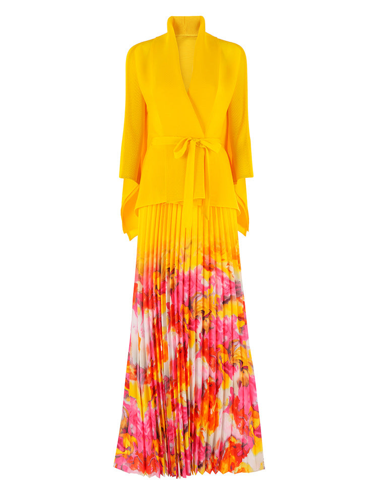 Wrinkle print lapel tie long sleeved top for women's high waisted long skirt mid eastern style dress