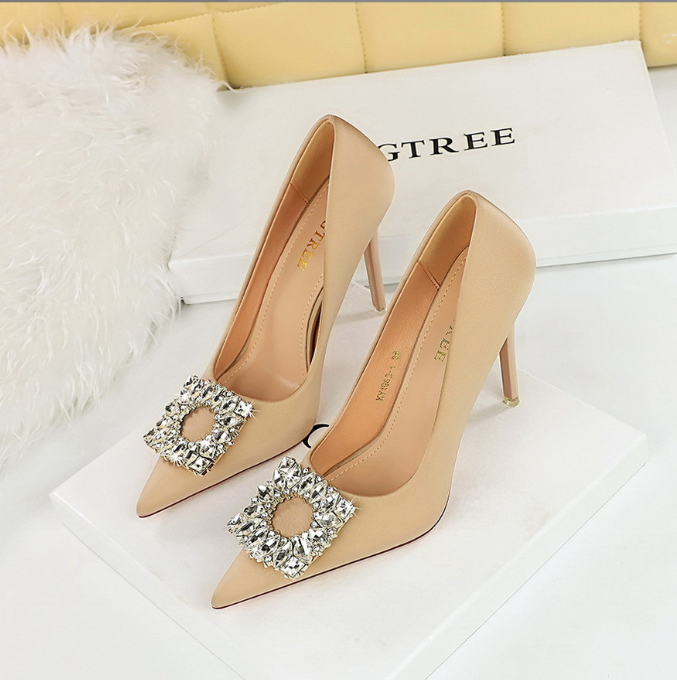 Pointed toe satin rhinestone buckle
