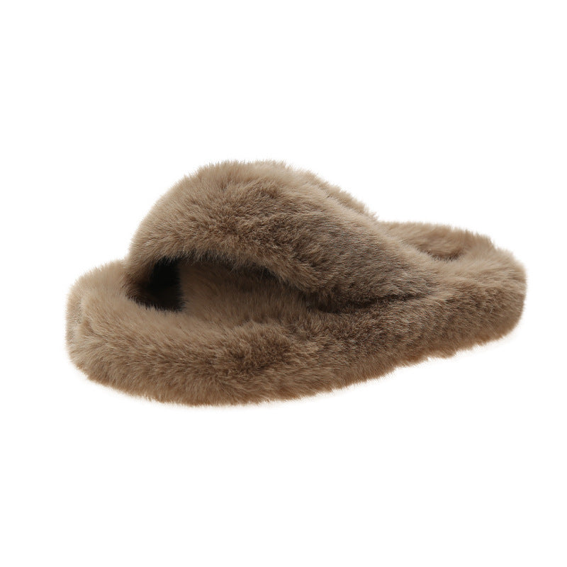 Plus Size New Style Of Autumn And Winter Korean Style All-Match Outer Wear Flat Bottom Fashionable Hairy Women's Slippers