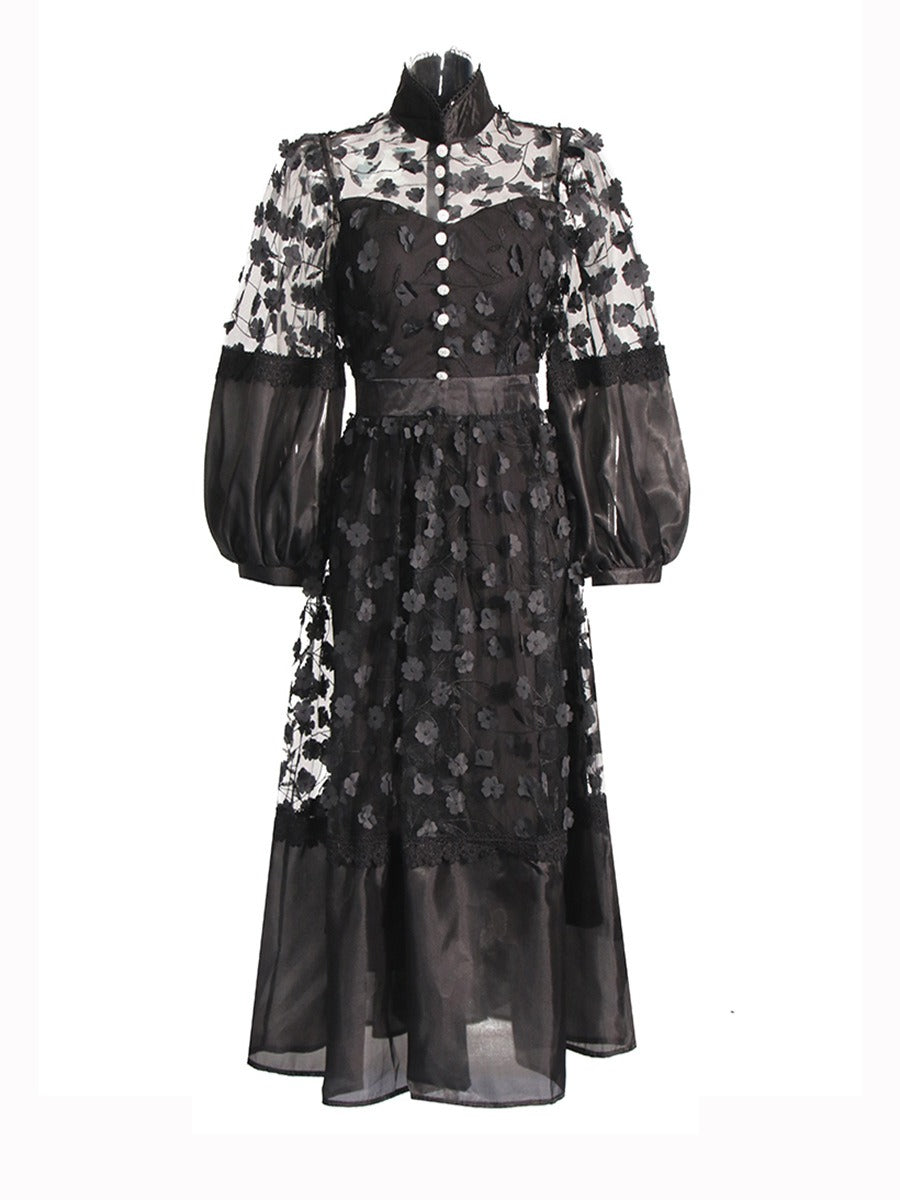 Mock collar lace  puff sleeves dress