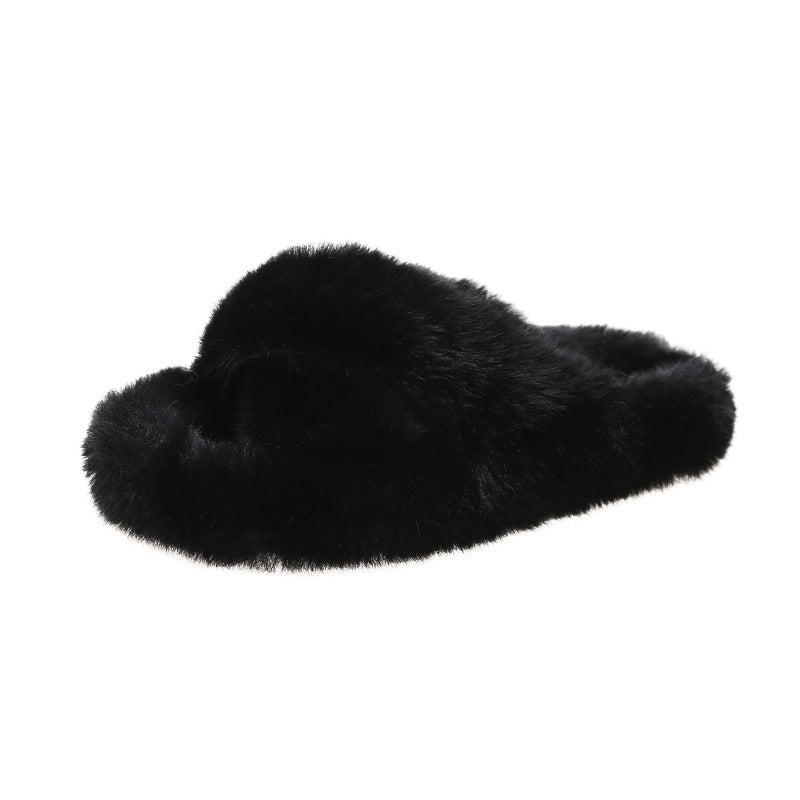 Plus Size New Style Of Autumn And Winter Korean Style All-Match Outer Wear Flat Bottom Fashionable Hairy Women's Slippers