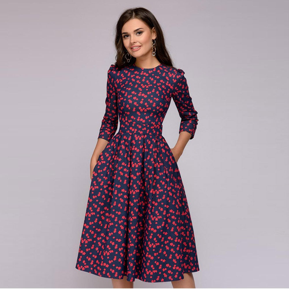 A Line Dress  3/4 Sleeve Round Neck Dress