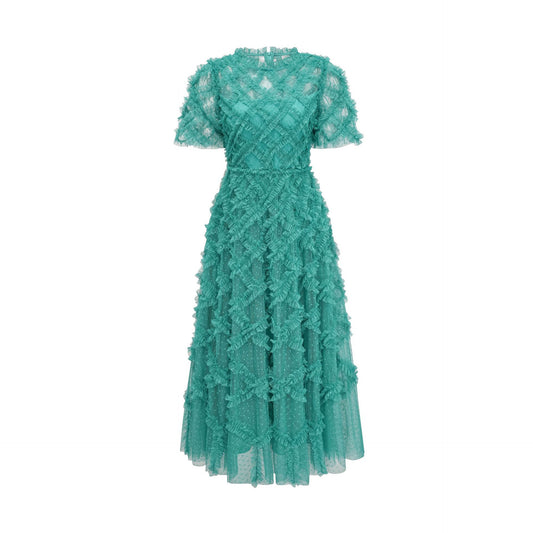 Round Neck  High Waist Mesh Embroidery Dress