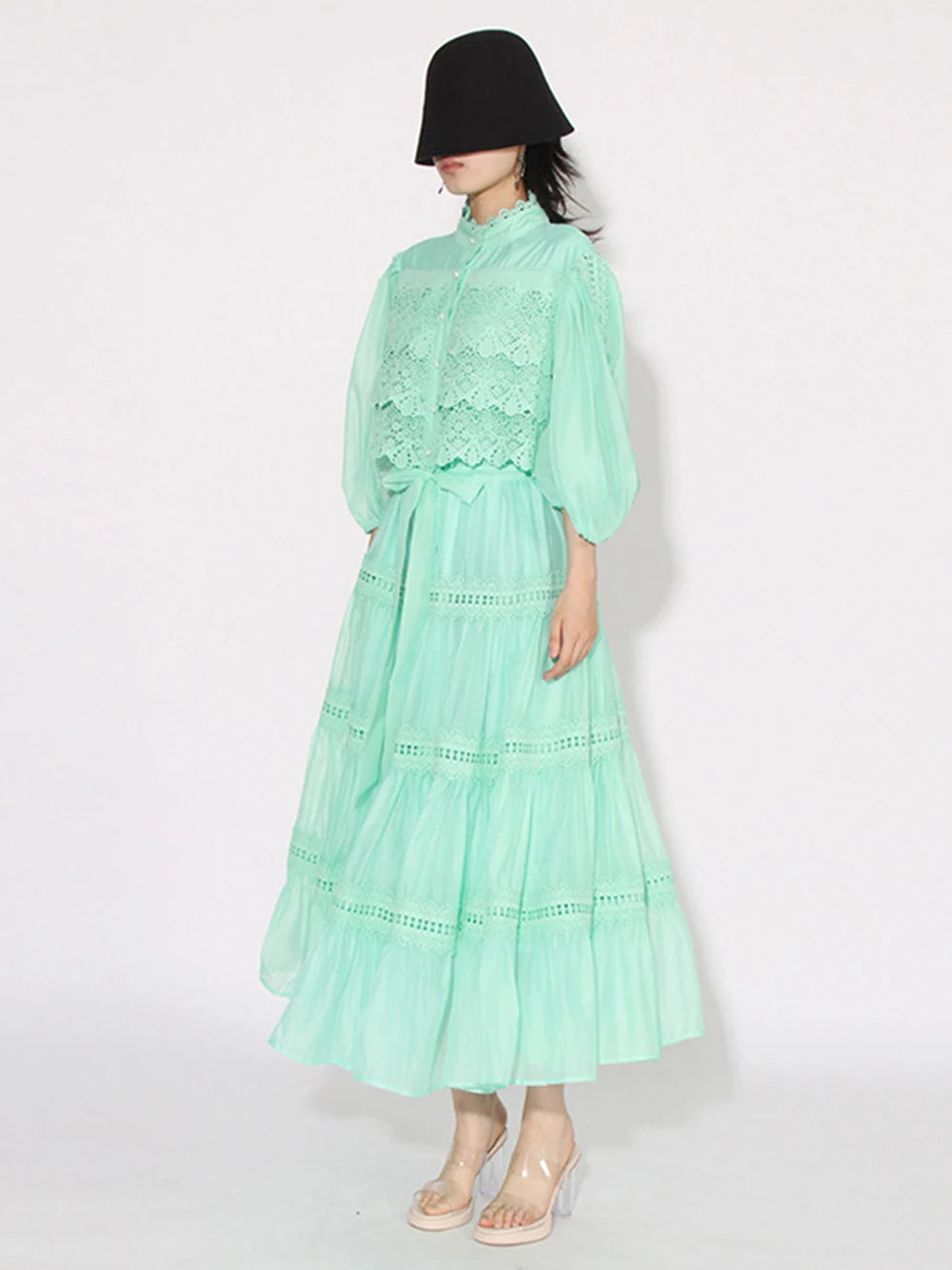 Embroidery mock neck Short Sleeve High Waist dress
