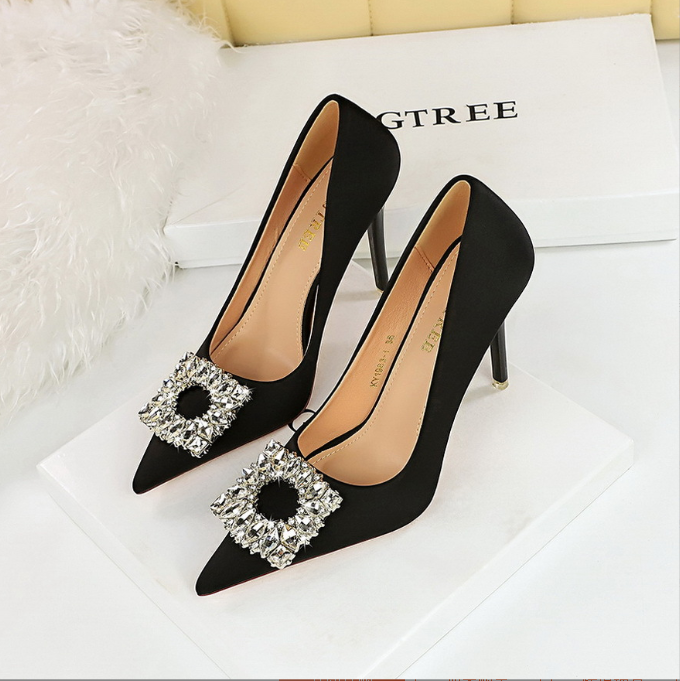 Pointed toe satin rhinestone buckle