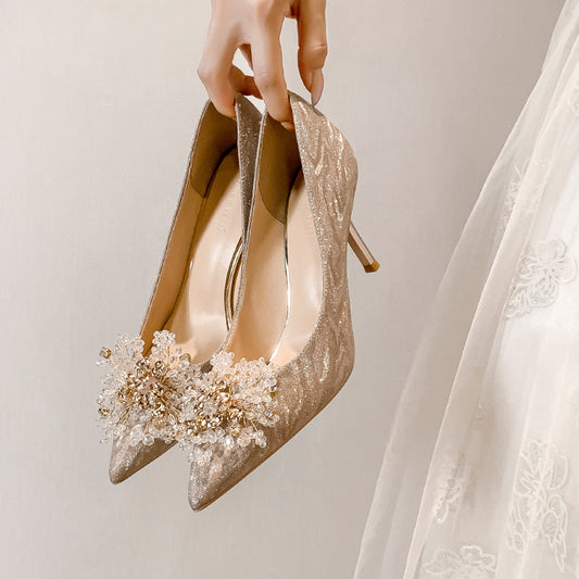 Sequins Crystal Flowers Pointed Toe Pumps