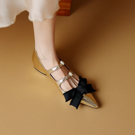 Pointed toe double strap bow flats