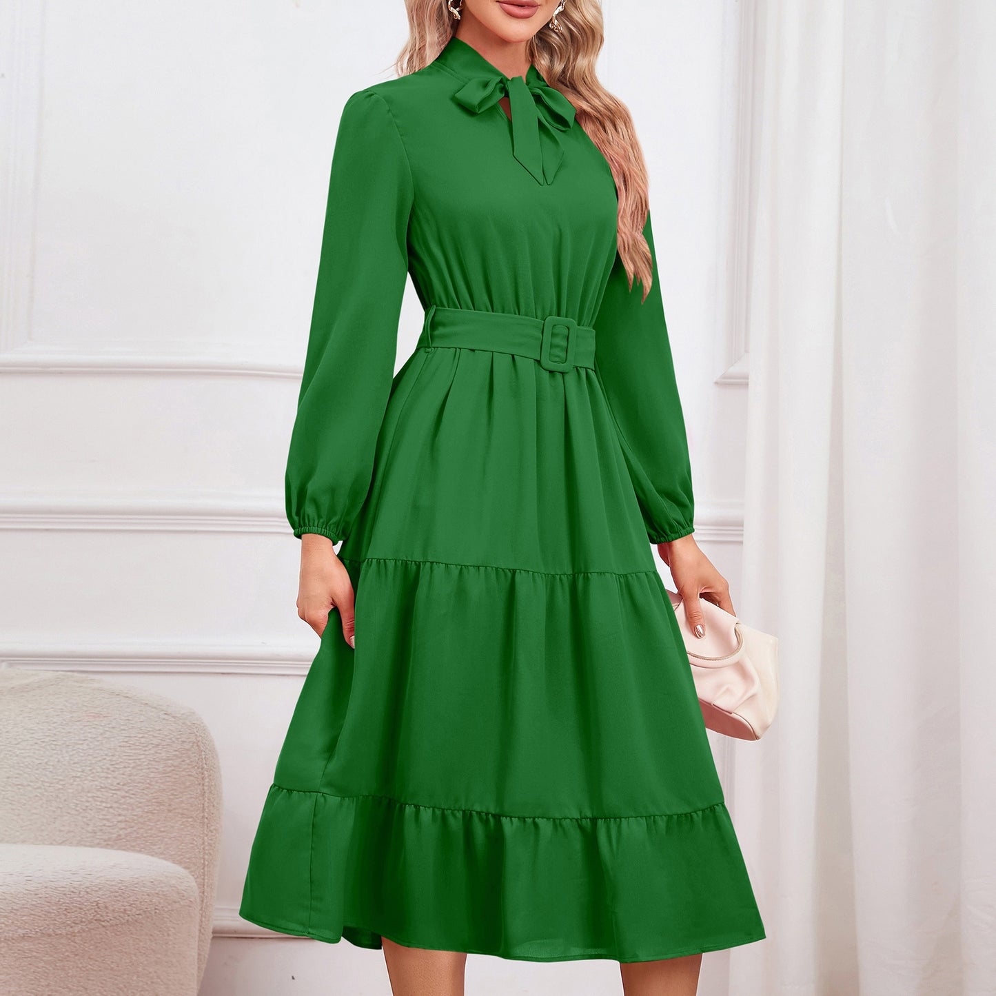 Elegant and slim fitting, tie collar A-line dress