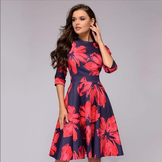 A Line Dress  3/4 Sleeve Round Neck Dress