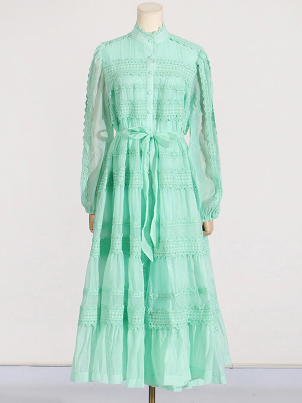 Embroidery mock neck Short Sleeve High Waist dress