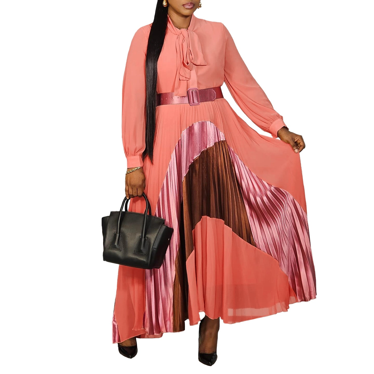 pleated color block belted dress