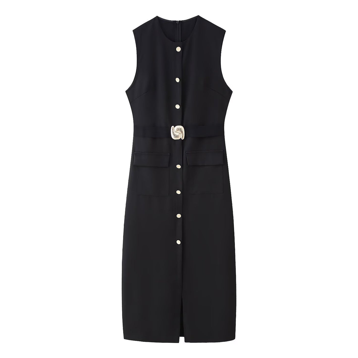 Round neck and waistband crepe woven dress