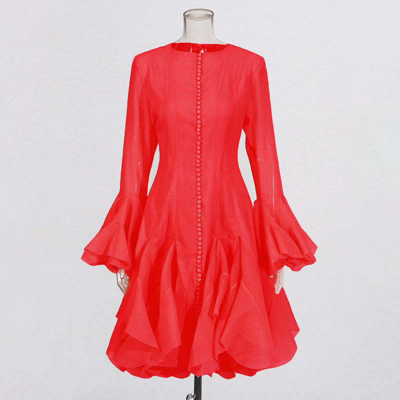 Round neck  ruffled trumpet sleeve dress for