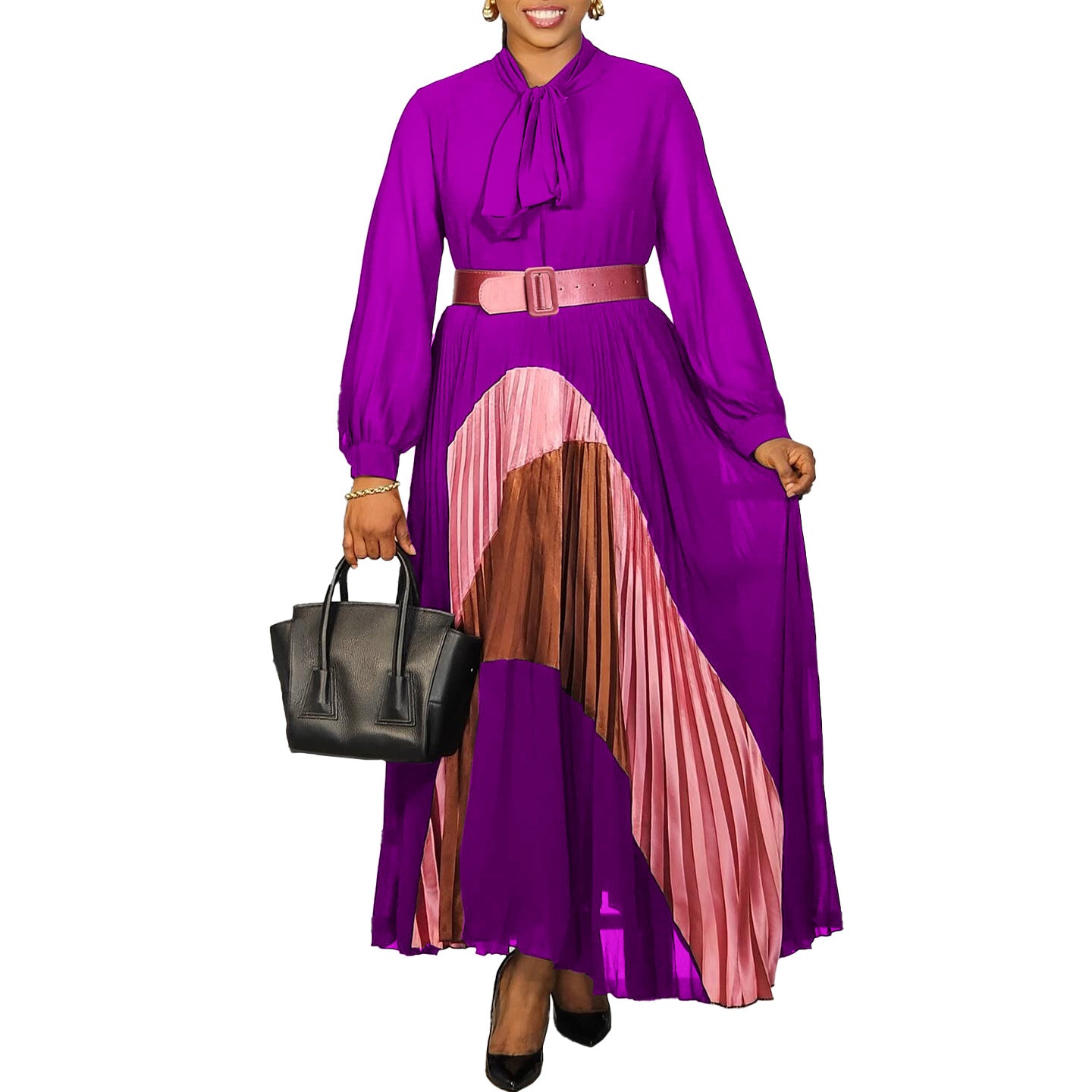 pleated color block belted dress