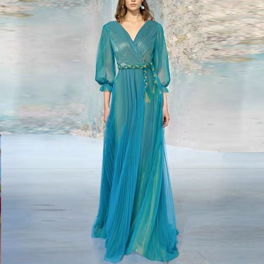V-neck pleated mesh dress