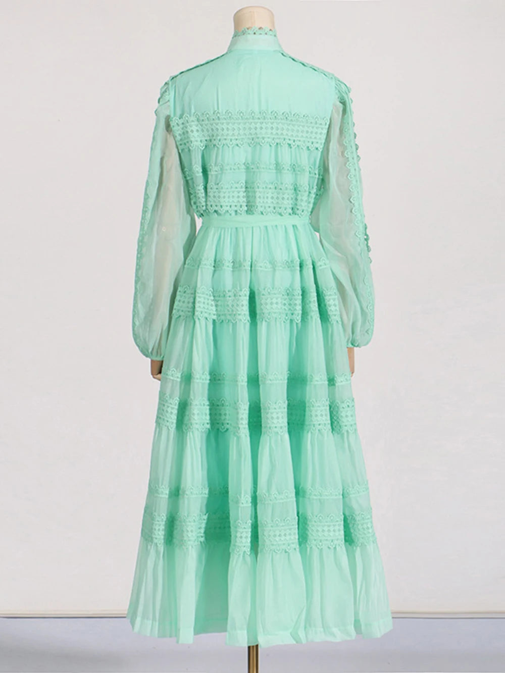 Embroidery mock neck Short Sleeve High Waist dress