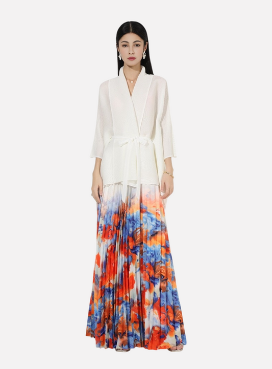 Wrinkle print lapel tie long sleeved top for women's high waisted long skirt mid eastern style dress