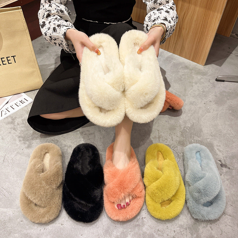 Plus Size New Style Of Autumn And Winter Korean Style All-Match Outer Wear Flat Bottom Fashionable Hairy Women's Slippers